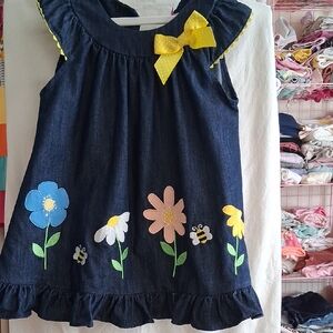 Denim Floral Appliqué Girl Dress with Yellow Bow.